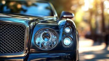 Front-facing angle of a car's LED headlight, gleaming with precision and style photo