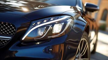 Front-facing angle of a car's LED headlight, gleaming with precision and style photo