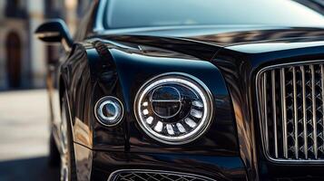 Detailed front view of a high-performance car headlight illuminating the road ahead photo