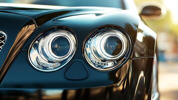 Front-facing angle of a car's LED headlight, gleaming with precision and style photo