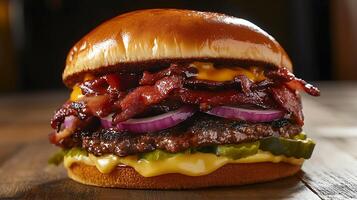 A hamburger with a green lettuce and onions on it photo