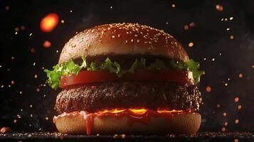 A hamburger with a green lettuce and onions on it photo