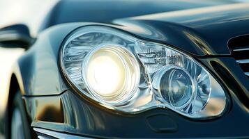 Front-facing angle of a car's LED headlight, gleaming with precision and style photo