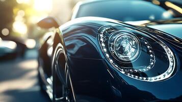 Front-facing angle of a car's LED headlight, gleaming with precision and style photo