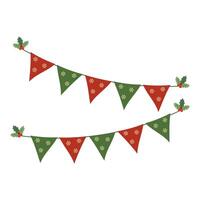 Festive Christmas garlands and banners featuring candy canes, bells, and patterns with New Year lights and flags vector