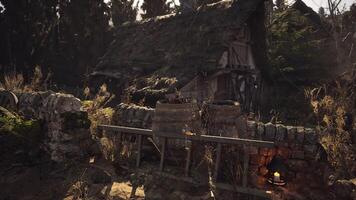 A rustic cottage surrounded by nature in a tranquil forest setting photo