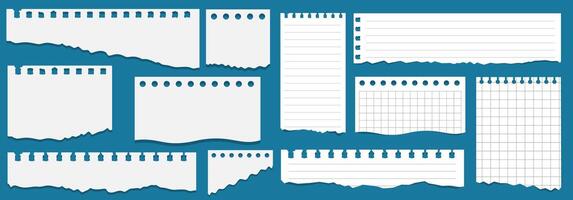 Pieces of paper of different types. Torn notebook papers set. Blank with a grid notebook ripped out papers. White paper sheets of square with cell horizontal line and perforation vector