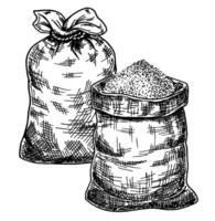 Bag with salt, sugar, flour, cereals. A full canvas bag with flour or grain. A full canvas bag tied with a rope at the top and open bag. Sketch vector