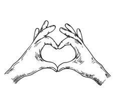 Stylized hands fold the shape of a heart. Finger gesture. Element for design. Happy valentines day. Sketch style trend modern logo graphic design vector