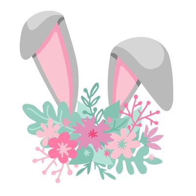 Funny Easter illustration for poster and banner design with spring flowers and bunny ears. Easter celebrate banner, Happy Easter.