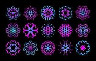 Abstract pattern elements set with heart, star, and floral shapes in neon pink and blue on black background, perfect for patterns, designs, prints, and decorations vector