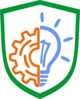 A green and orange shield with a light bulb and gear vector