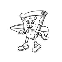 mascot character pizza with surfing board good for coloring book, brand, groovy mascot, element design, food mascot vector