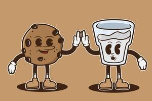 set of cookies and milk mascot character with retro style, groovy style, vintage mascot, character food mascot vector