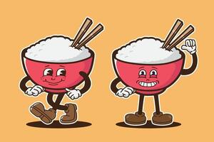 mascot character rice with bowl and chopstick, groovy character, food retro, set of vintage character vector