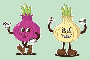 set of onion character with retro style, groovy style, vintage mascot, character food mascot vector