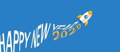 Happy New Year 2025 with Rocket Launch on sky Blue Background. illustration vector