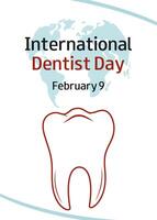 International Dentist Day. February 9. Silhouette of tooth and text on white background. Design for medical banner, greeting card, presentation, flyer. vector