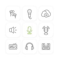 audio line icons set, sound mixer, microphones, earbuds, headphones, speakers, music in cloud, illustration vector