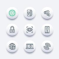 Security and protection line icons set, secure network, key card, privacy, biometric recognition system, cctv camera, firewall vector