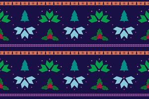 Decorative Christmas seamless pattern with winter motifs, including trees, holly, and snowflakes. Ideal for holiday designs and backgrounds. vector