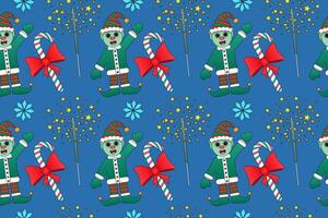 Festive seamless pattern with cheerful elves, candy canes, sparklers, stars, and snowflakes on a blue background. vector