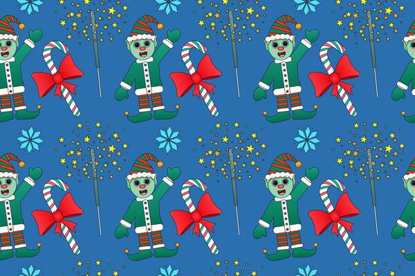 Festive seamless pattern with cheerful elves, candy canes, sparklers, stars, and snowflakes on a blue background.