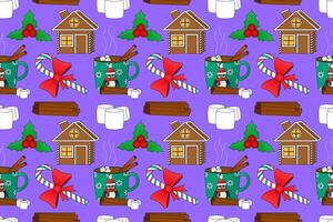 Festive seamless pattern with hot cocoa, gingerbread houses, candy canes, holly, and marshmallows on a purple background. vector