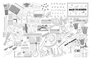 Detailed black and white back-to-school supplies coloring page with various school items for kids to color and learn. vector