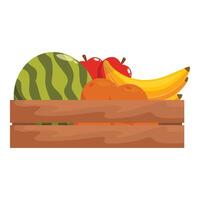 Wooden crate overflowing with fresh watermelon, bananas, apples, and oranges vector