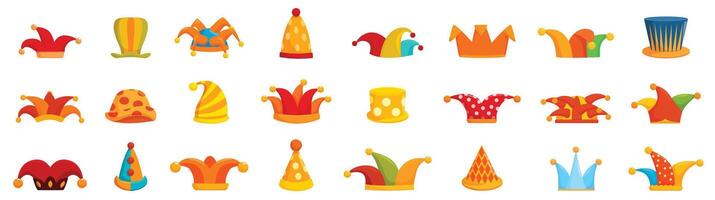 Clown hat icon set. Colorful jester hats and crowns creating a festive atmosphere vector