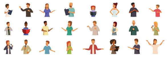 Vocal lessons icon set. Diverse group of people speaking and performing on stage vector