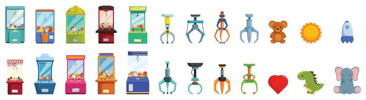 Claw machine game icon set. Claw crane machines and prizes catching toys in arcade setting vector