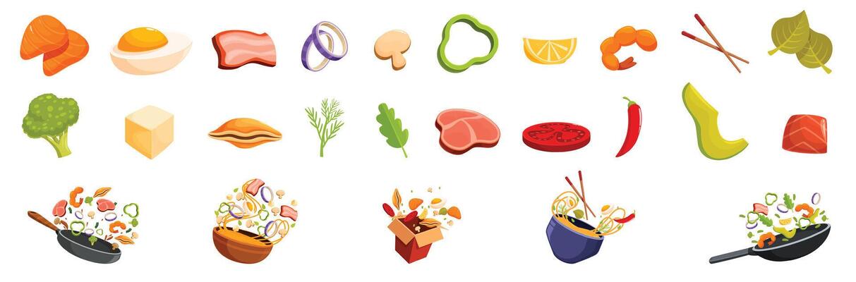 Flying asian food icon set. Wok ingredients floating and stir frying in pan and bowl