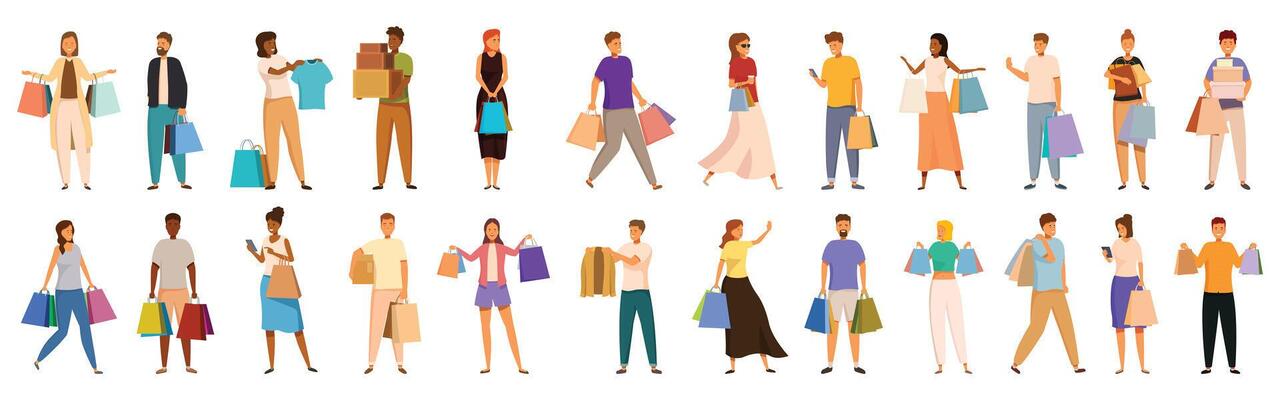 Shopaholism icon set. Happy customers carrying shopping bags and boxes enjoying purchases