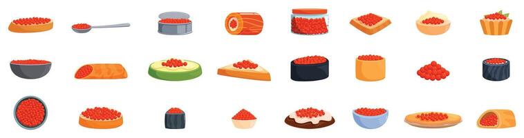Red caviar icon set. Red caviar collection, delicious seafood delicacy in various culinary applications vector