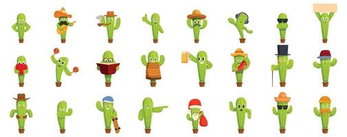 Cactus character icon set. Funny cactus characters posing wearing different hats and costumes vector