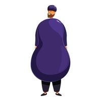 Man wearing large inflatable eggplant costume smiling and looking over shoulder vector