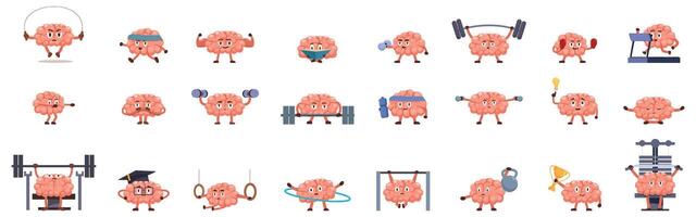 Train brain icon set. Brain training and exercising for healthy mind, cartoon brains engaging in various physical activities vector