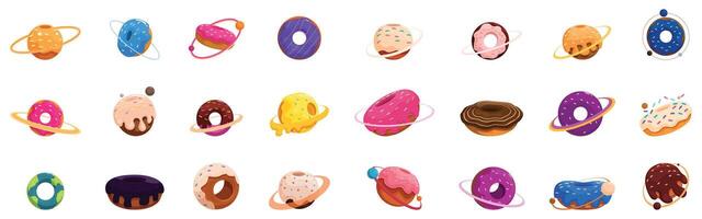 Donut planet icon set. Colorful donuts orbiting like planets with frosting and sprinkles vector