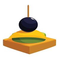 Canape with black olive, cheese and cucumber on a stick being held up vector
