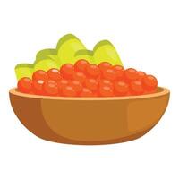 Red caviar and pickled cucumbers filling a wooden bowl vector