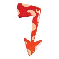 Red cartoon downward arrow with irregular spots pointing down vector
