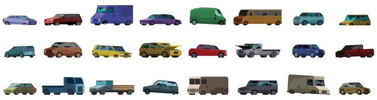 Abandoned broken car icon set. Large set of various cars and trucks driving on white background vector