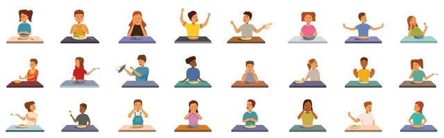 Child refuses eat icon set. Children eating showing different emotions and table manners vector