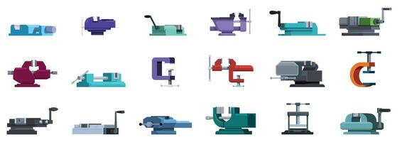 Machine vice icon set. Different bench vises holding objects firmly for various applications vector
