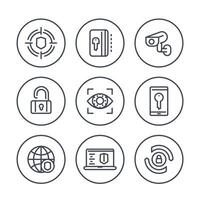 Security and protection line icons in circles on white, secure network, key card, lock, shield, cctv camera, firewall vector
