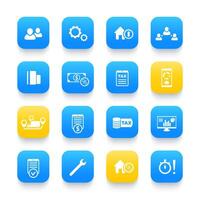 16 finance, costs, payroll, invoice, bill icons on rounded square shapes, illustration vector