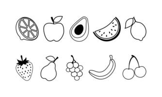 Set of fruit icons in black outline on white background Lemon, avocado, watermelon, grape, strawberry, banana, cherry, apple, pear illustration vector