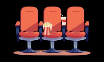 Red chairs, popcorn and soda for watching a movie. Movie ticket. Isolated on white background. Horizontal banner in flat style. illustration vector